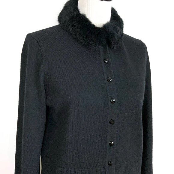 J. Mclaughlin Wool Button Up Rabbit Fur Collar Cardigan Sweater Black Size L - Picture 3 of 16
